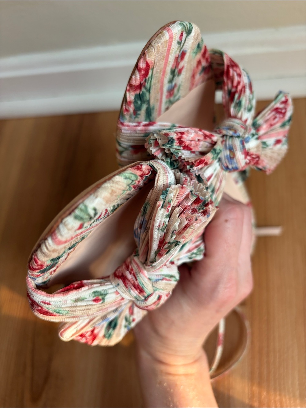 Loeffler Randall Camellia Pleated Bow Heel Sandals Floral Strappy - Picture 10 of 12